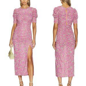 NWOT Free People Briella Ruched Midi Dress Hot Pink Combo Women’s Size Small